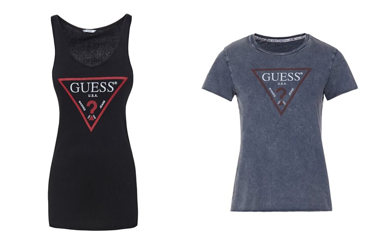 Женская коллекция Guess весна-лето 2018 - черная майка и серая футболка  с логотипом 