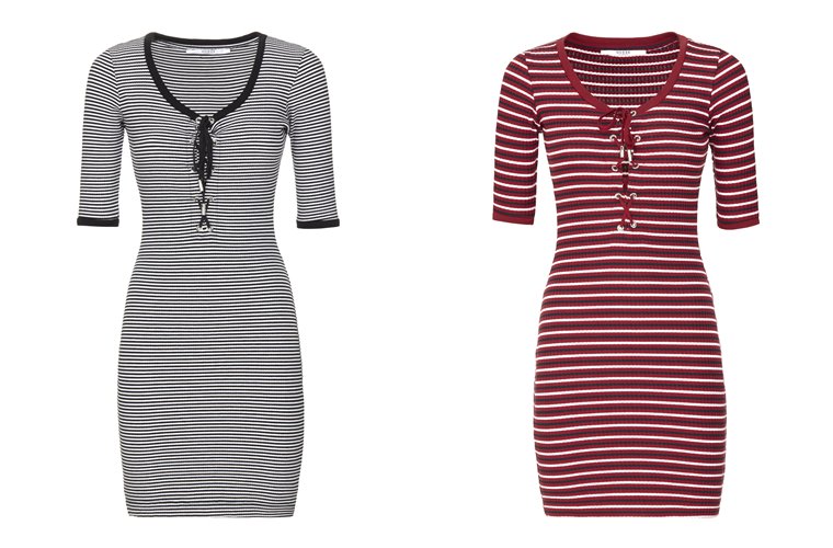 Женская коллекция Guess весна-лето 2018 - облегающие короткие платья-футболки  в полоску  