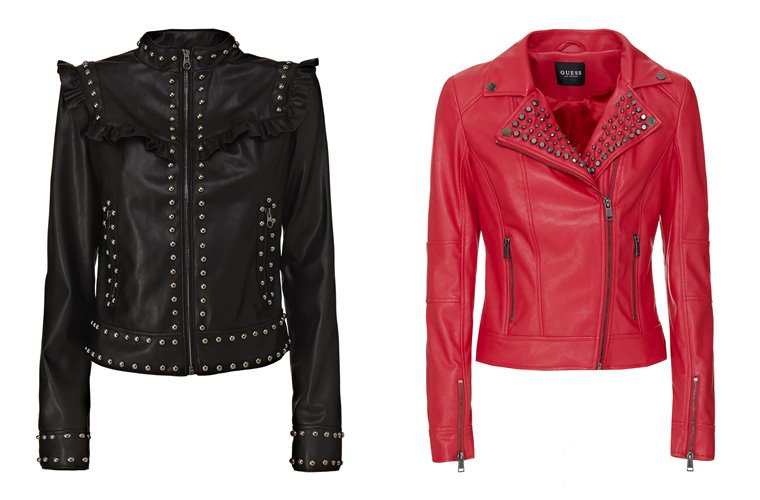Женская коллекция Guess весна-лето 2018 - черная и красная кожаные куртки с заклепками