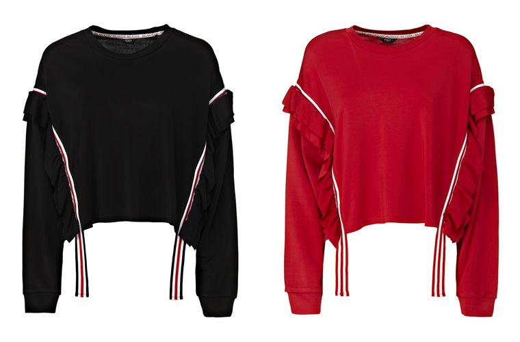 Женская коллекция Guess весна-лето 2018 - чёрный и красный свитера с воланами