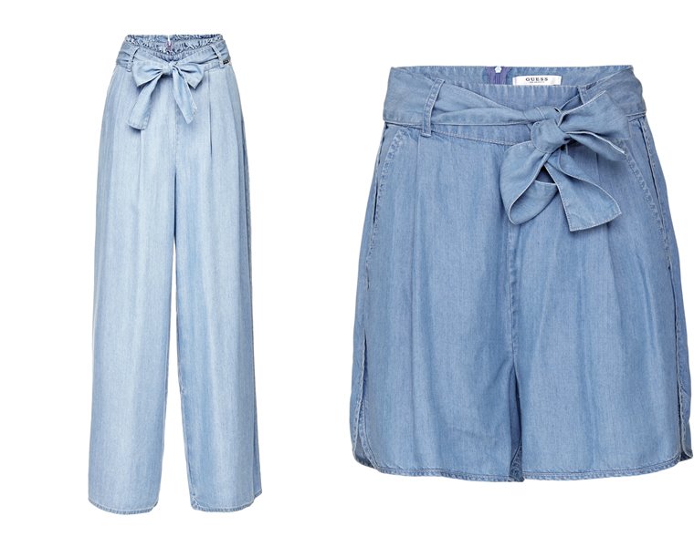 Женская коллекция Guess весна-лето 2018 - широкие голубые брюки и шорты из голубого денима
