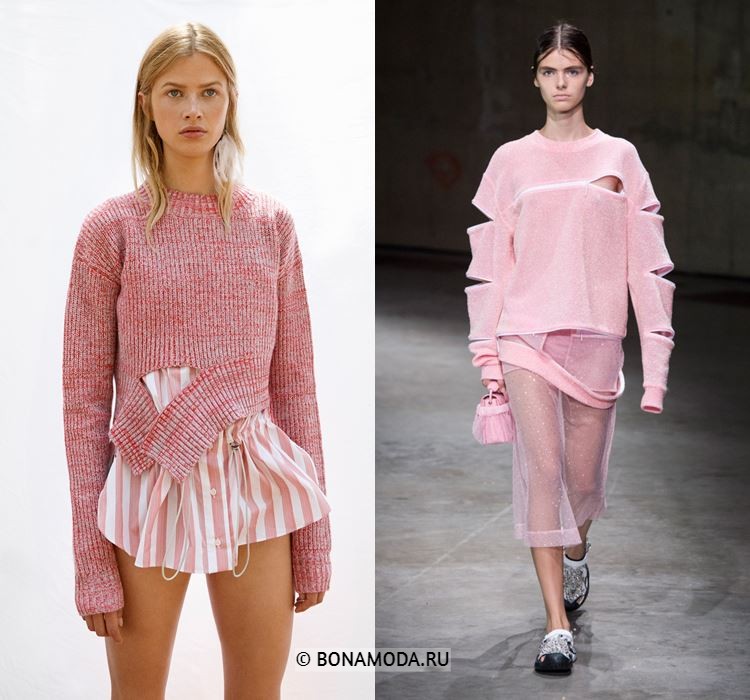 Женские вязаные свитера весна-лето 2018 - Розовые молодёжные рваные свитера