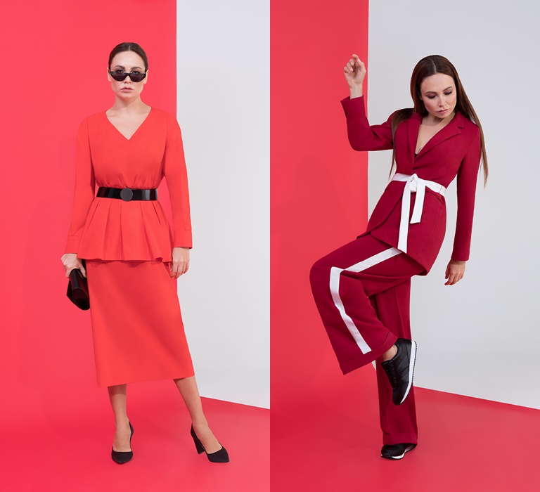 Коллекция BAON by Liasan Utiasheva весна-лето 2018 - красные костюмы с юбкой и брюками