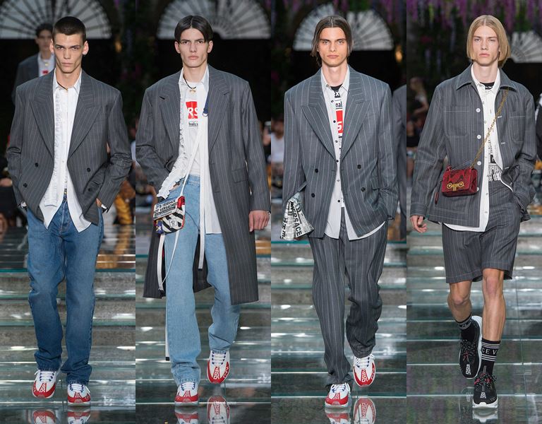Мужская коллекция Versace весна-лето 2019 - серые пиджаки и джинсы 