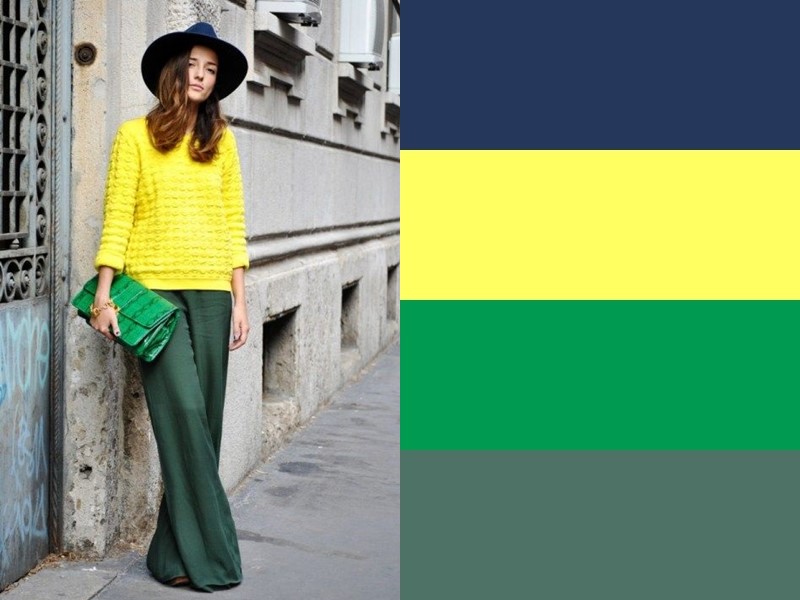 10 простых и стильных сочетаний с жёлтым в одежде - Зелёные брюки палаццо и синяя шляпа