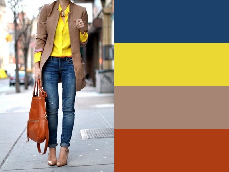 10 простых и стильных сочетаний с жёлтым в одежде - Бежевый блейзер и синие джинсы
