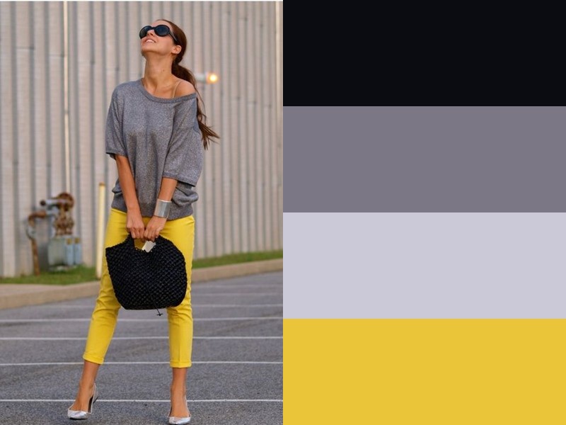 10 простых и стильных сочетаний с жёлтым в одежде - Серый свитер и чёрная сумка