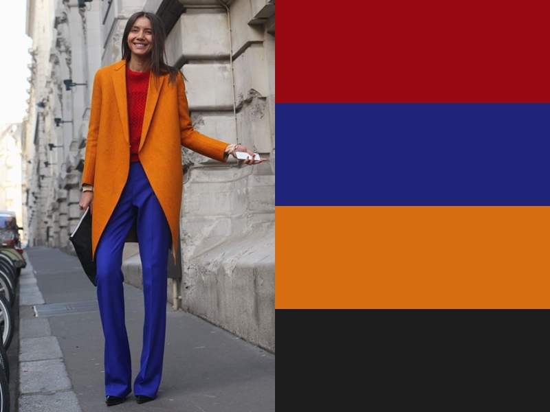 10 идей сочетания синего цвета в одежде - Оранжевое пальто и красный свитер