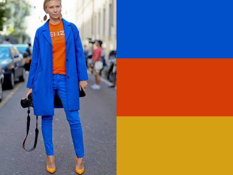 10 идей сочетания синего цвета в одежде - Оранжевый топ и горчичные туфли