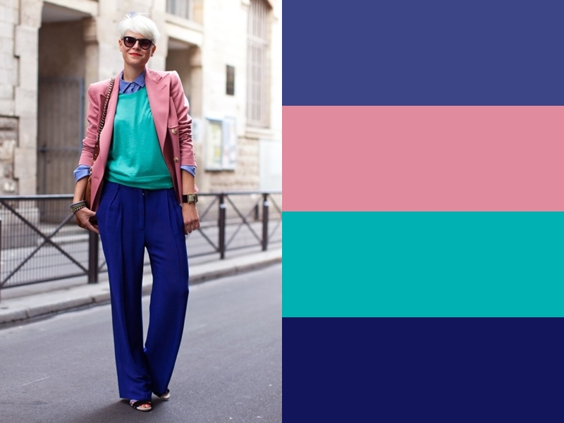 10 идей сочетания синего цвета в одежде - Бирюзовая блузка и розовый жакет