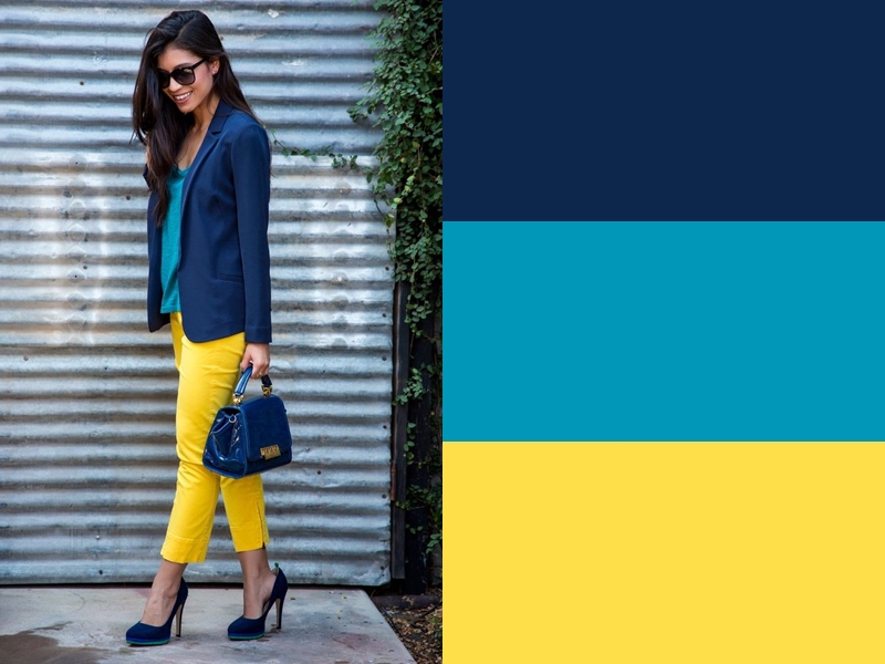 10 идей сочетания синего цвета в одежде - Бирюзовая блузка и жёлтые брюки