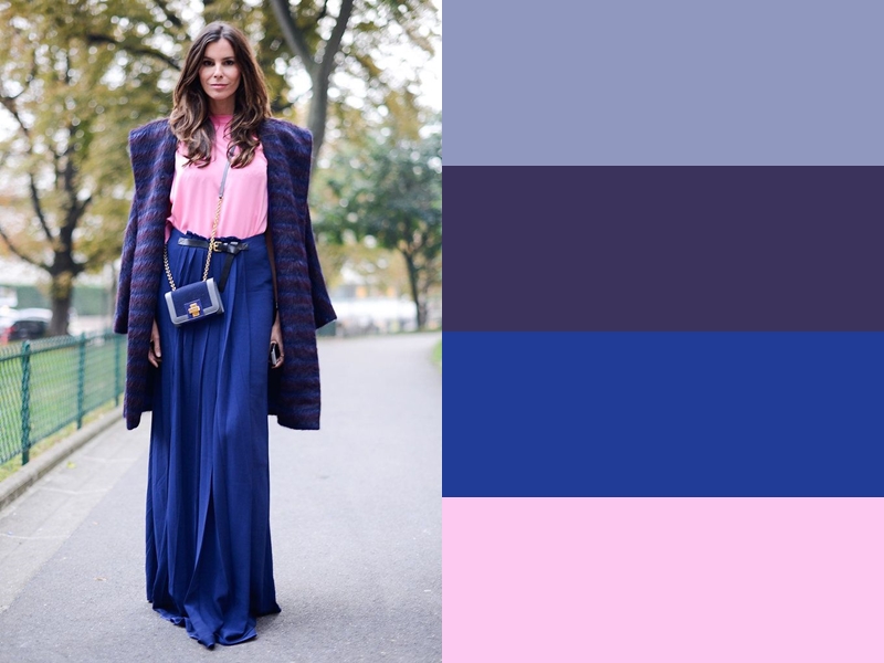 10 идей сочетания синего цвета в одежде - Розовая блузка и фиолетовое пальто