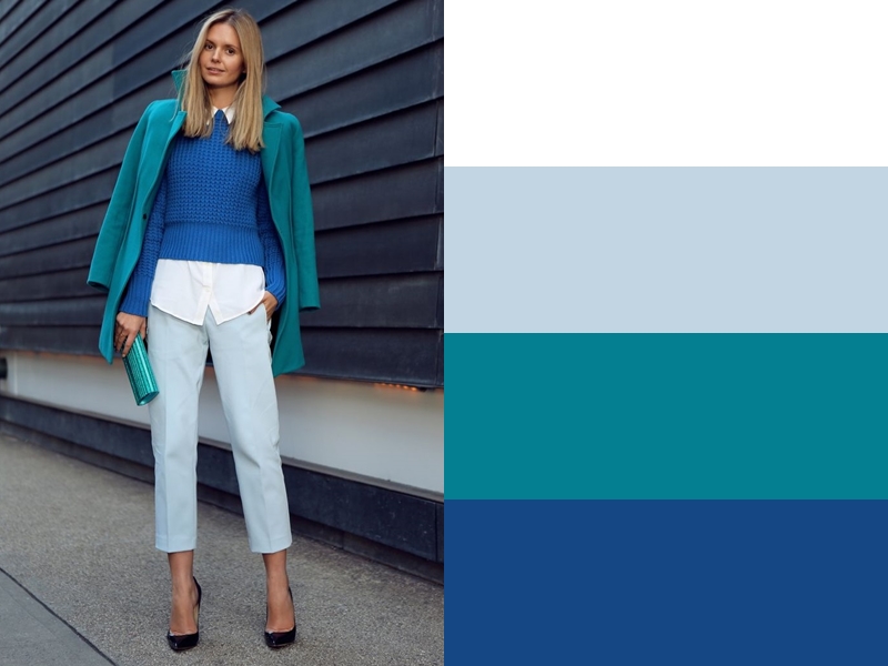 10 идей сочетания синего цвета в одежде - Бирюзовое пальто и бледно-голубые брюки