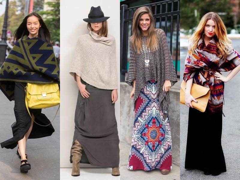 Как стильно носить длинную юбку весной и осенью: 5 модных сочетаний -Трикотажное пончо или палантин 