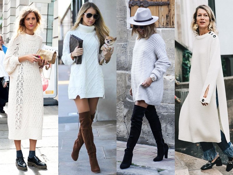 Трикотажное платье-свитер: стиль на осень и зиму - белое