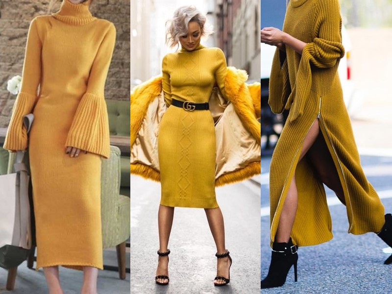 Трикотажное платье-свитер: стиль на осень и зиму - жёлтое
