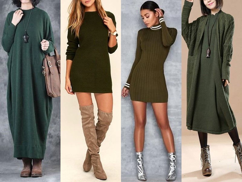 Трикотажное платье-свитер: стиль на осень и зиму - зеленое