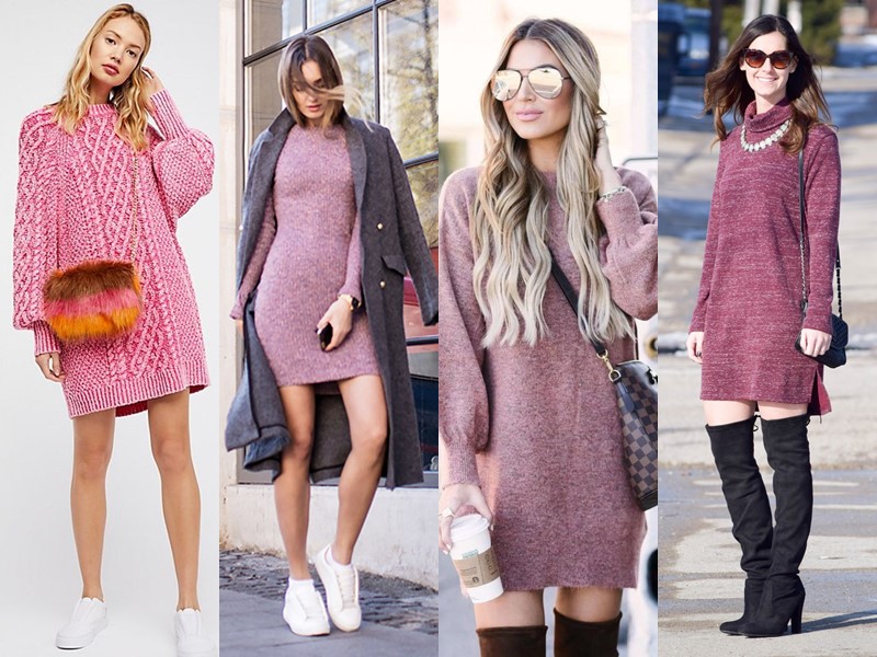 Трикотажное платье-свитер: стиль на осень и зиму - розовое