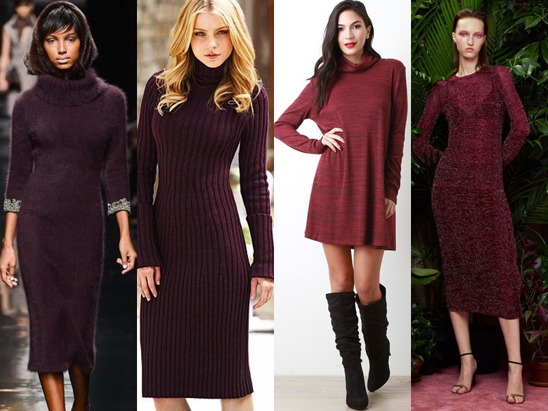 Трикотажное платье-свитер: стиль на осень и зиму - бордовое
