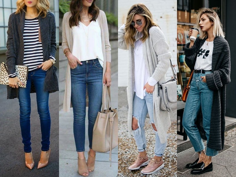 С чем носить джинсы весной и осенью - Длинный кардиган с ботильонами и укороченными джинсами