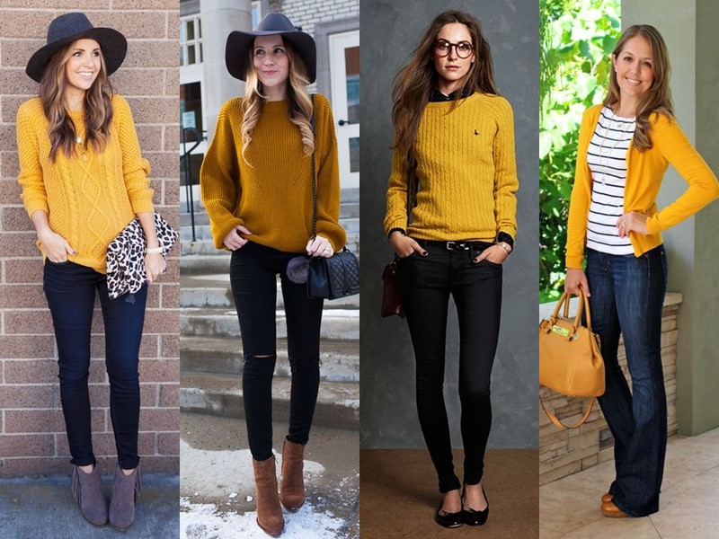 С чем носить джинсы весной и осенью - с жёлтым трикотажным свитером или кардиганом