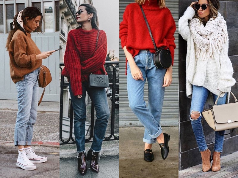 С чем носить джинсы весной и осенью - Объёмный свитер
