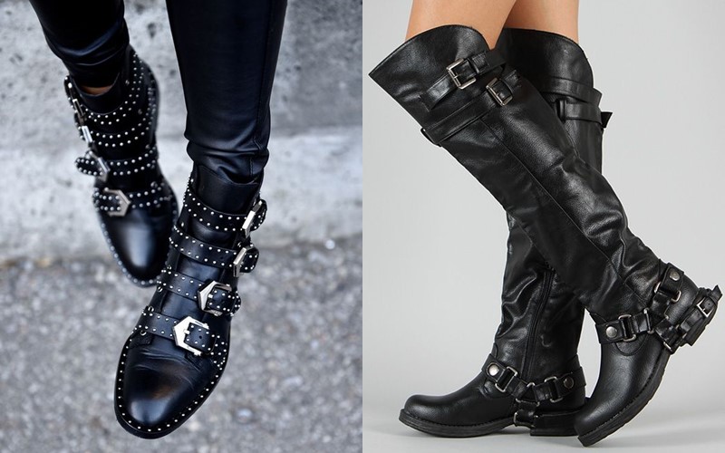 5 антитрендов в женской обуви 2020 - рокерские (байкерские) сапоги с цепями и заклёпками
