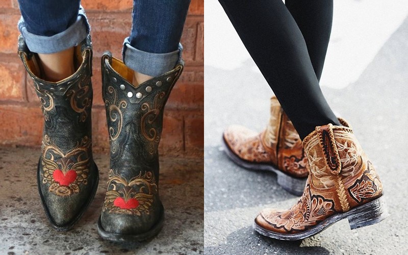 5 антитрендов в женской обуви 2020 - ковбойские сапоги со скошенным каблуком и острым мыском