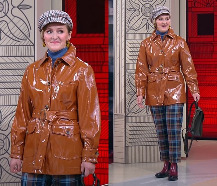 «Модный приговор», Татьяна, 45 лет - Куртка из искусственной кожи с клетчатыми брюками и кепи