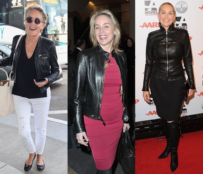 Знаменитости старше 50 в кожаных куртках - Шэрон Стоун куртка и платье