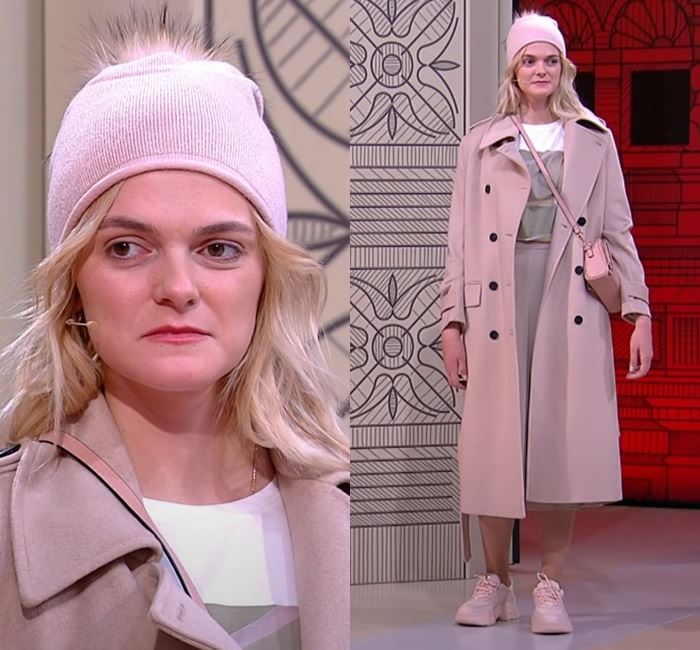 "Модный приговор", преображение 30-летней Юлии - Бежево-розовый комплект с пальто и кроссовками