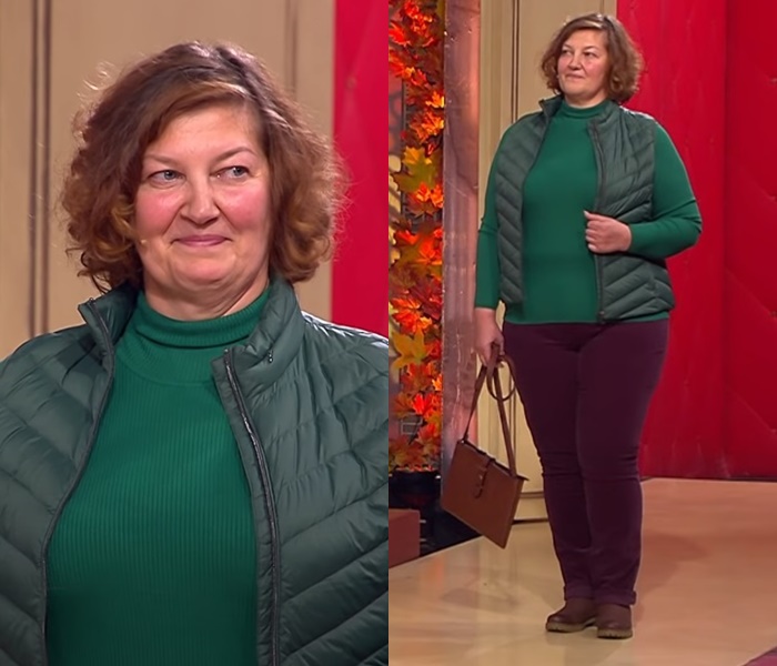 «Модный приговор» для Елены, 54 года - Зелёный свитер с жилеткой и велюровыми брюками