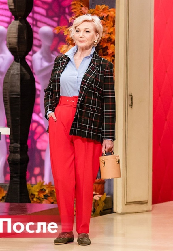 «Модный приговор» для пенсионерки Нины - Красные брюки с розовой рубашкой и клетчатым жакетом