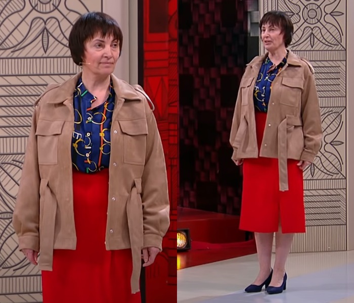 «Модный приговор» для Елены 48 лет - Блузка с принтом, красная юбка и бежевая куртка