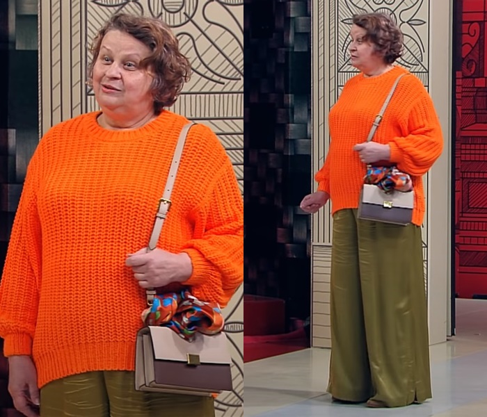 «Модный приговор» для пенсионерки 60+ - Оранжевый свитер и брюки палаццо оттенка хаки