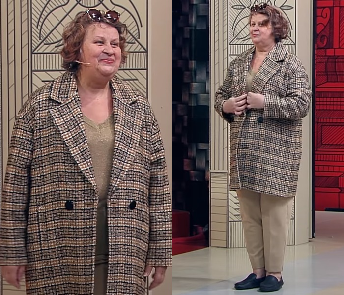 «Модный приговор» для пенсионерки 60+ - Образ в бежевых тонах (клетчатое пальто и брюки)