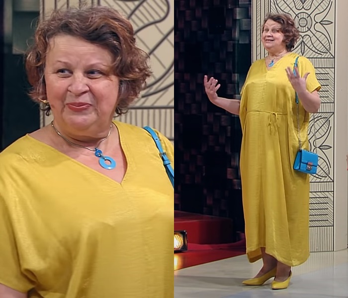 «Модный приговор» для пенсионерки 60+ - Жёлтое платье с бирюзовой сумкой
