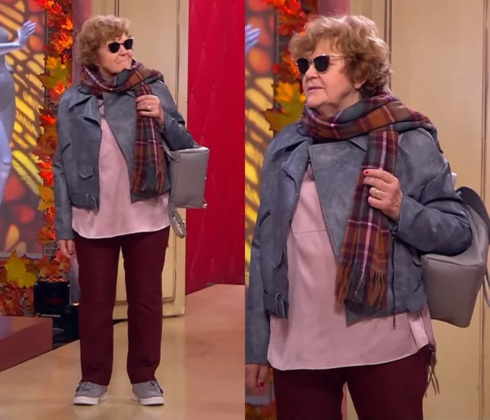 «Модный приговор» для 68-летней пенсионерки - Куртка из искусственной кожи с клетчатым шарфом