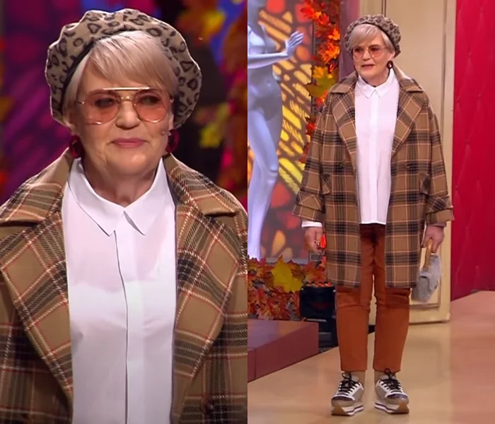 «Модный приговор» для 68-летней пенсионерки - Пальто в клетку с белой рубашкой и оранжевыми брюками