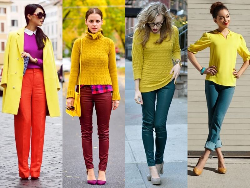 С чем сочетать жёлтый верх (блузку, свитер, жакет) - красный и зелёный