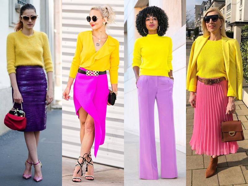 С чем сочетать жёлтый верх (блузку, свитер, жакет) - розовый и фиолетовый