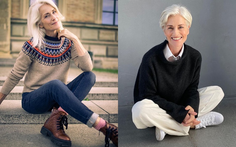 Носим свитер с брюками: стильные образы от немецкой модели 50+